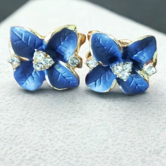 Camellia Shape Blue Floral Earrings - Picture 1 of 11